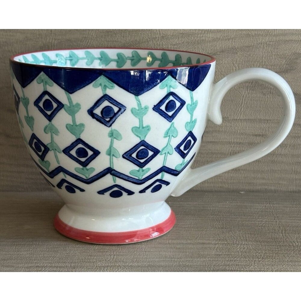Potter's Studio Ceramic Coffee Mug Blue Aqua String of Hearts Red Footed 14 oz